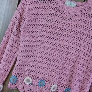 62 East Vintage Y2K Floral Embroidered Crochet Knit Pullover Sweater Cute Small